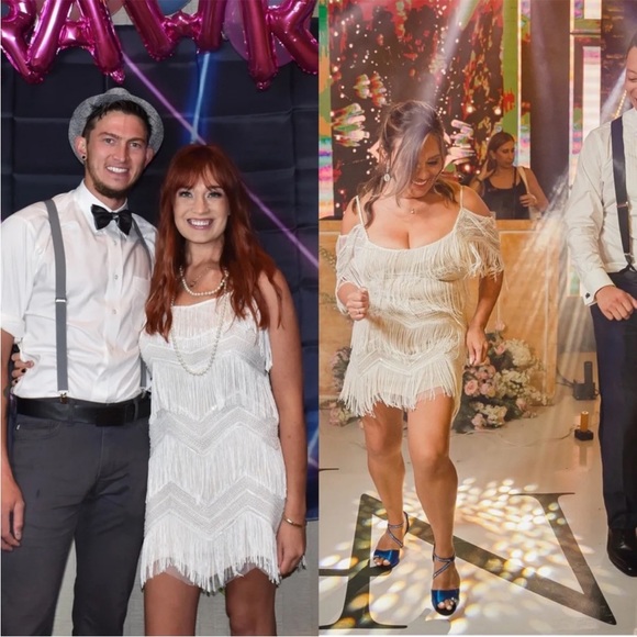 White and Beige Sequin Fringe Flapper Mini Dress 🌿 - Picture 12 of 16